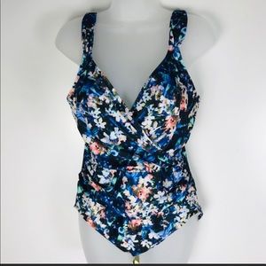 Badgley Mischka Blue Floral One Piece Bathing Suit